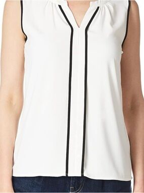 Calvin Klein White Sleeveless Blouse with Black Piping